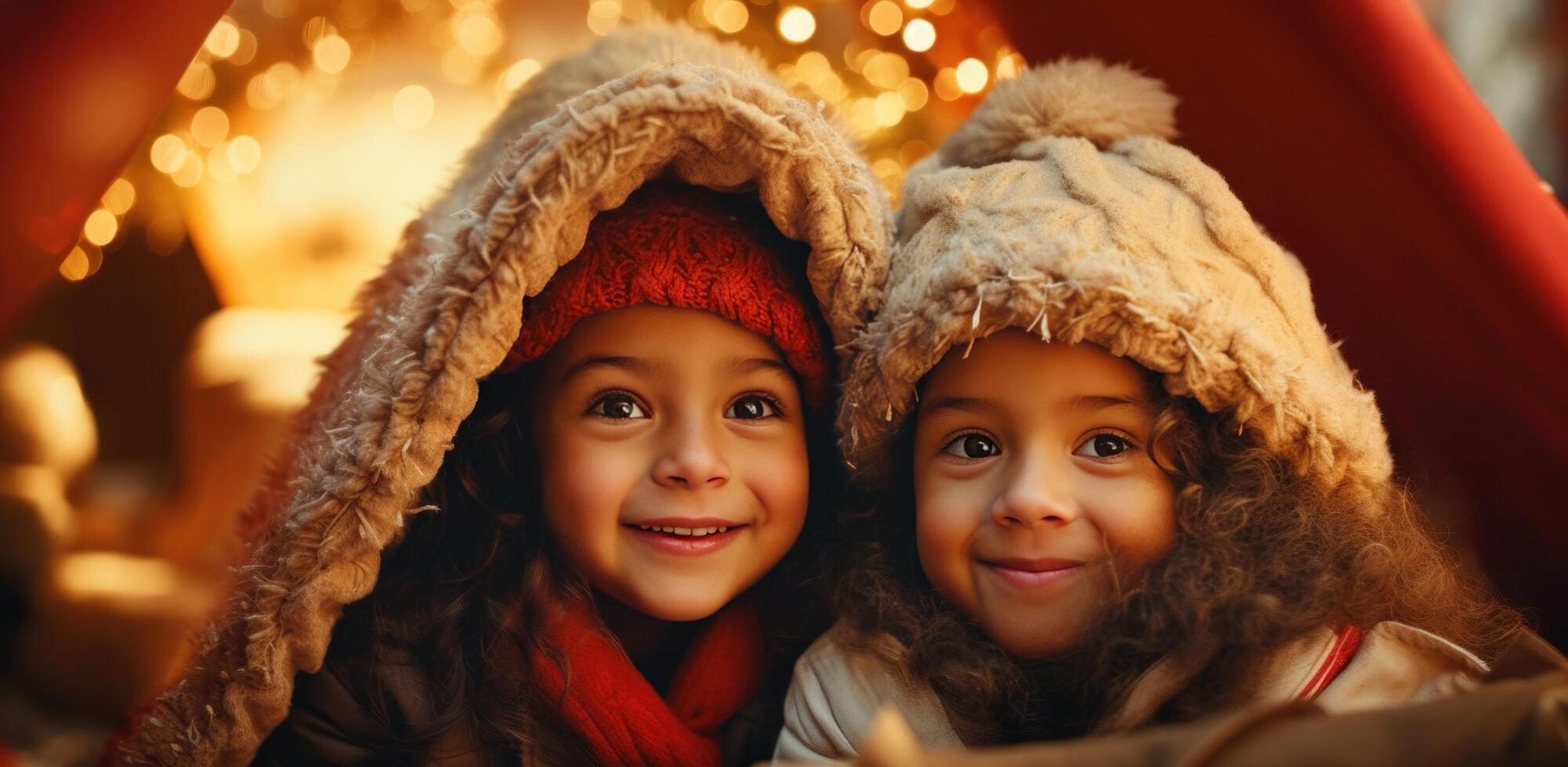 ai generado dos pequeño muchachas sentado en coche en Navidad, foto