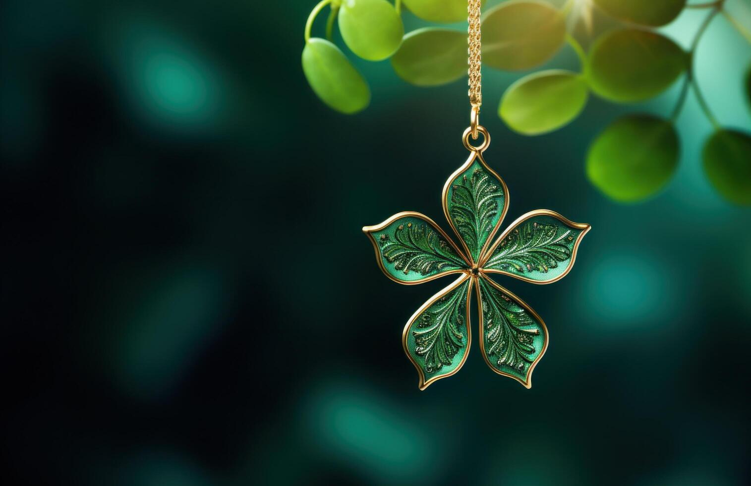 AI generated shamrock leaf hanging above green background photo