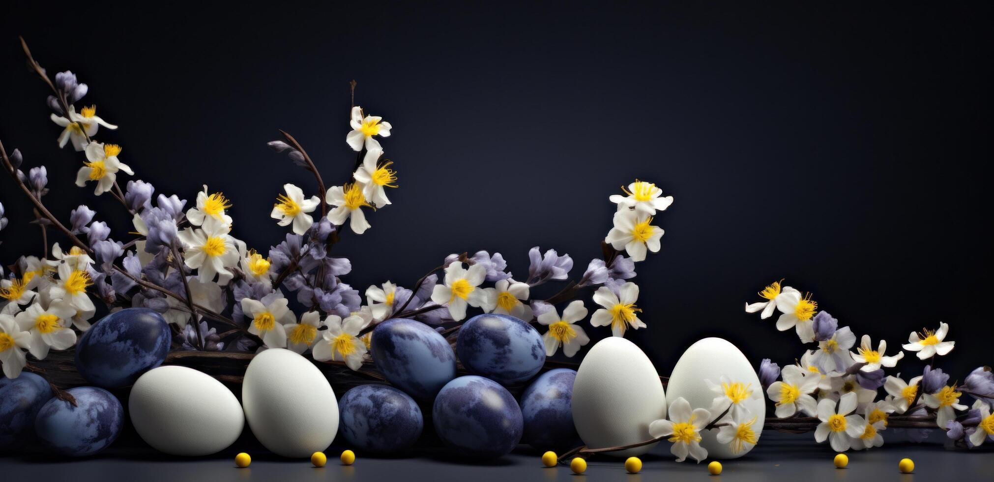 AI generated several yellow and white eggs and flowers on the edge photo