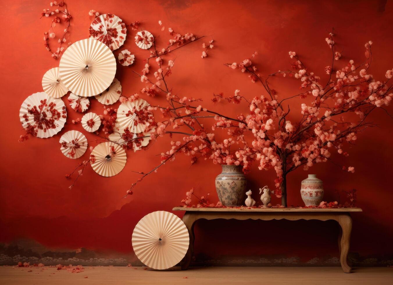 AI generated red wall filled with paper fans and other chinese decorations photo