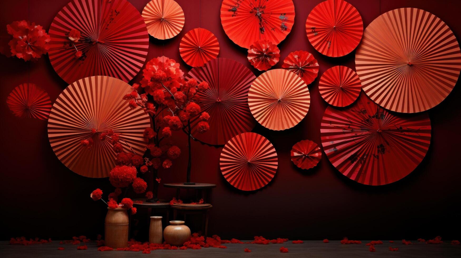 AI generated red wall filled with paper fans and other chinese decorations photo