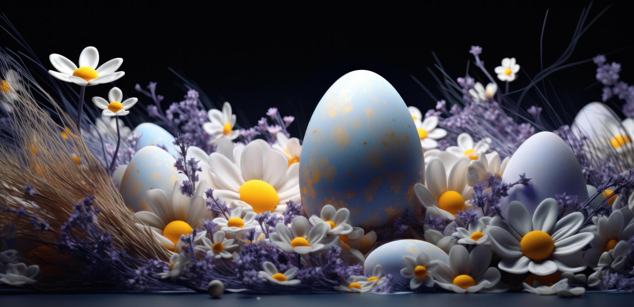 AI generated several yellow and white eggs and flowers on the edge photo