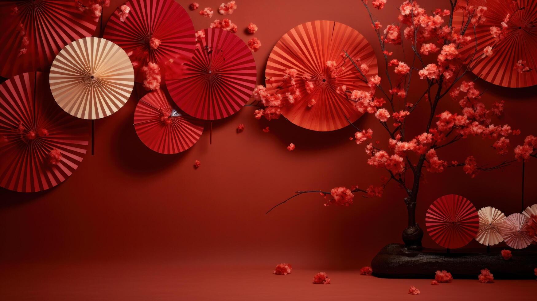 AI generated red wall filled with paper fans and other chinese decorations photo