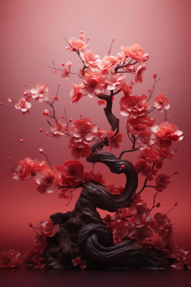 AI generated red tree with flower in the winter on red background photo