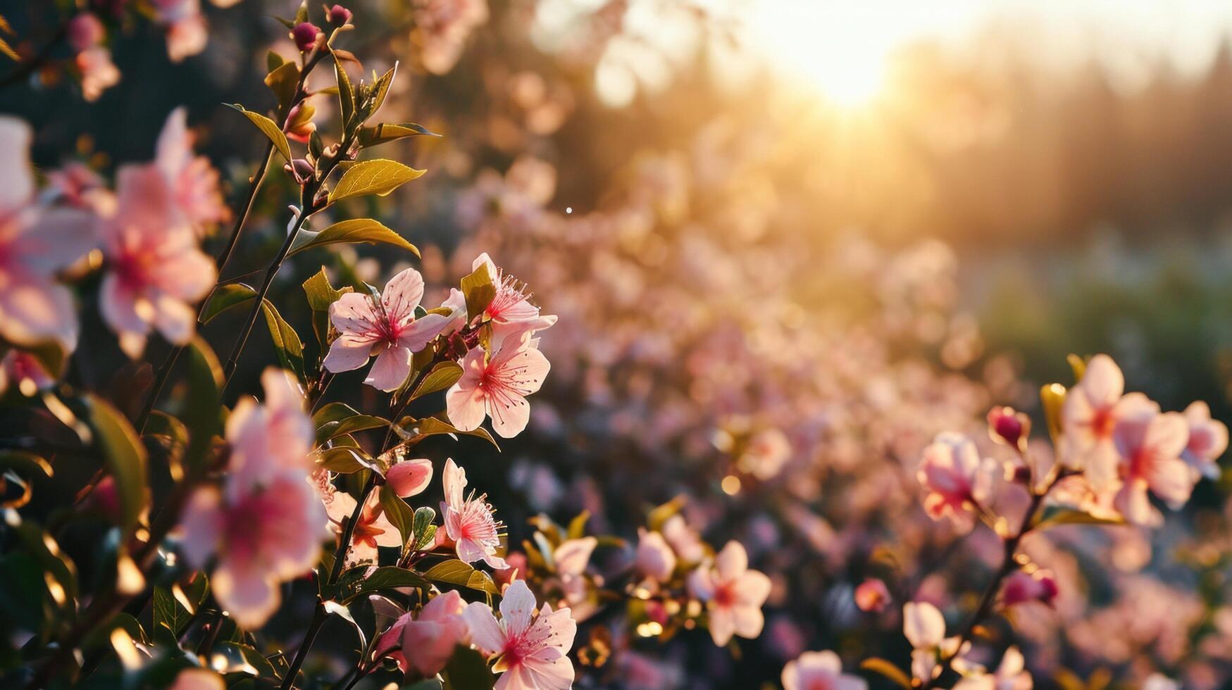ai generado Mañana antecedentes con floreciente flores, suave luz de sol foto