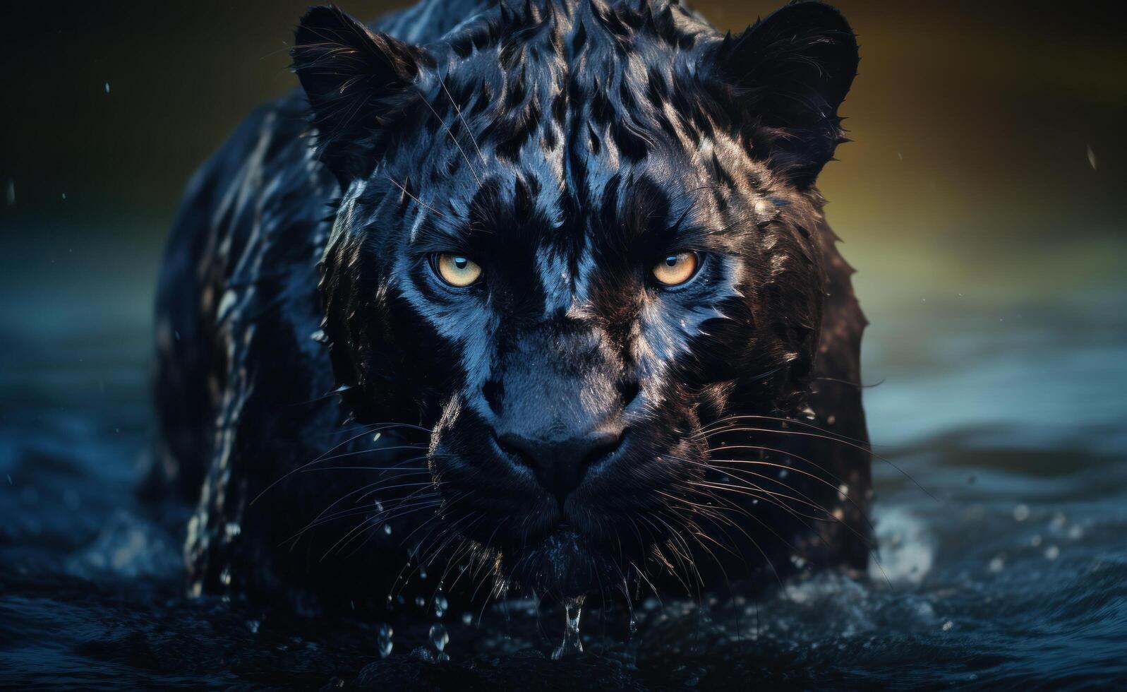 AI generated the black panther is walking through the water photo