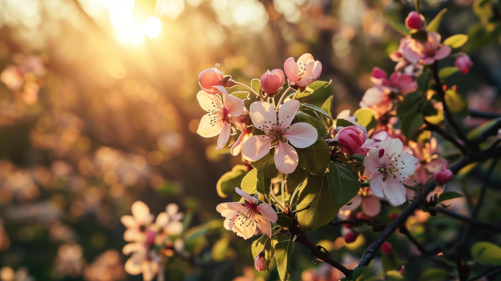 ai generado Mañana antecedentes con floreciente flores, suave luz de sol foto