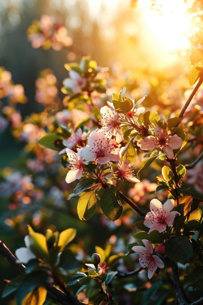 ai generado Mañana antecedentes con floreciente flores, suave luz de sol foto