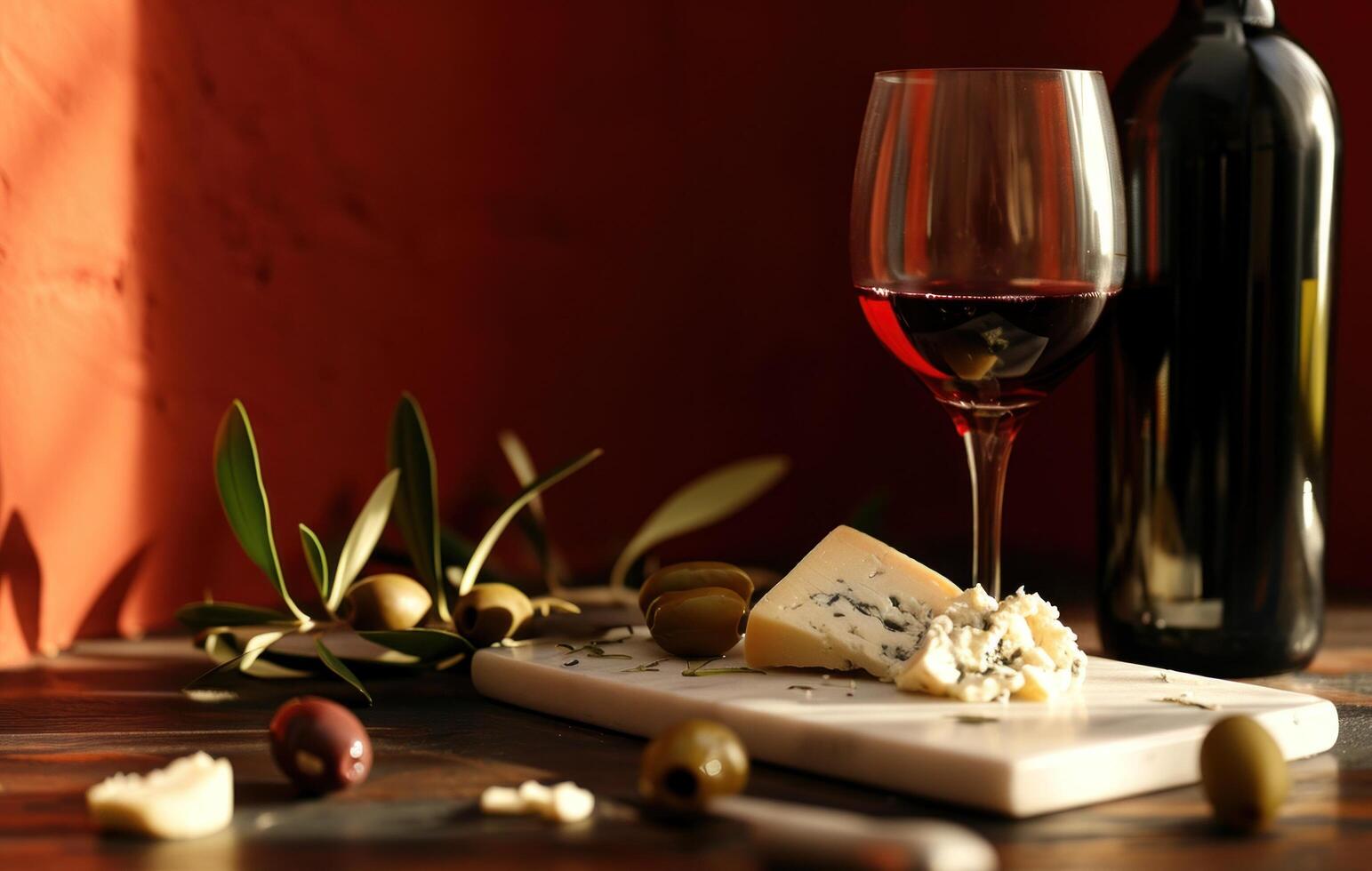 AI generated red wine with cheese and olive photo