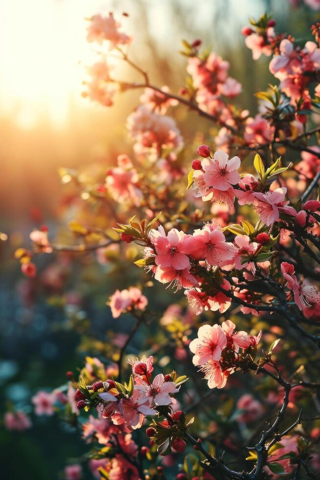 ai generado Mañana antecedentes con floreciente flores, suave luz de sol foto