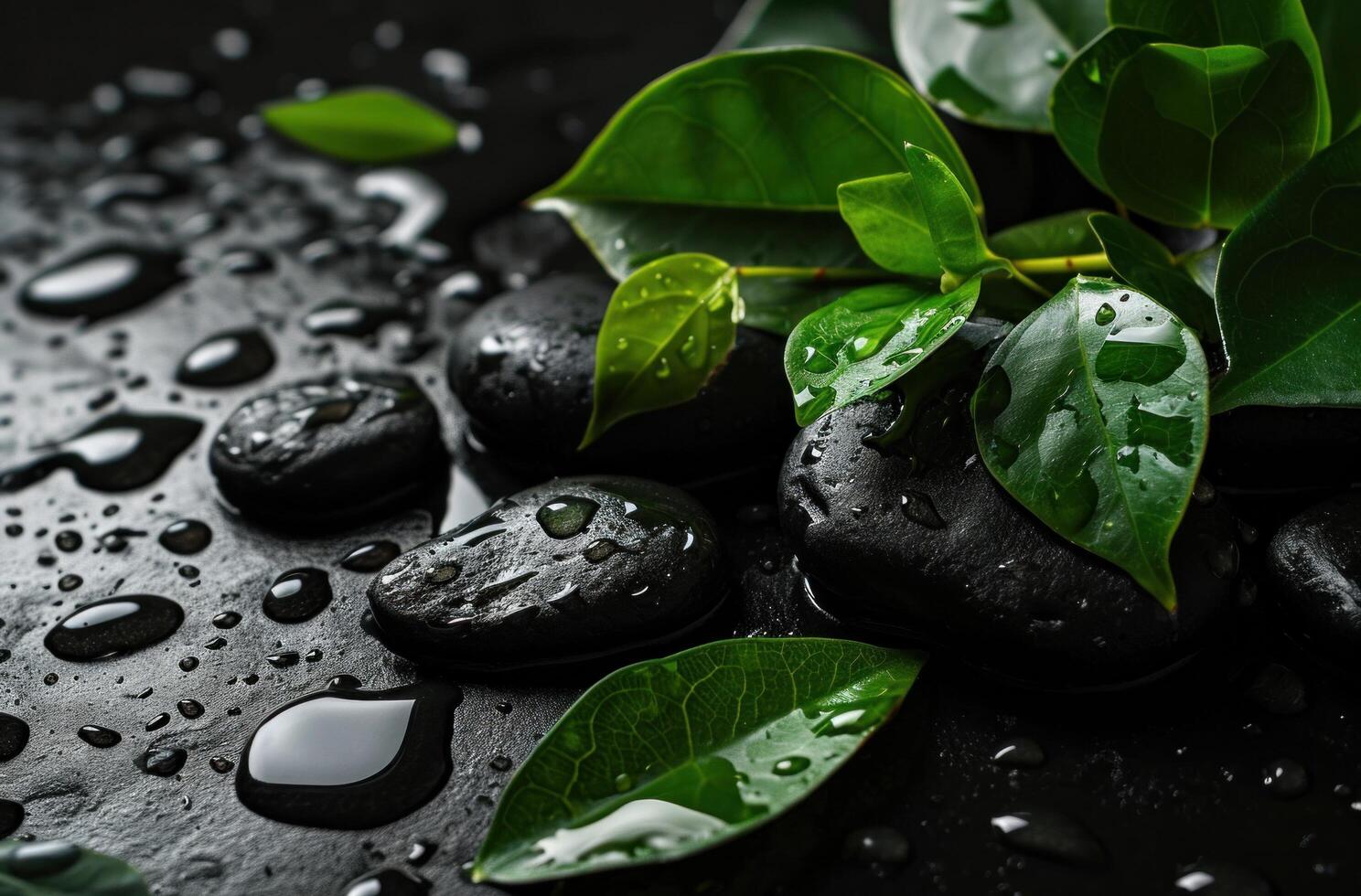 AI generated pebbles and spa leaves on black background of light rain photo