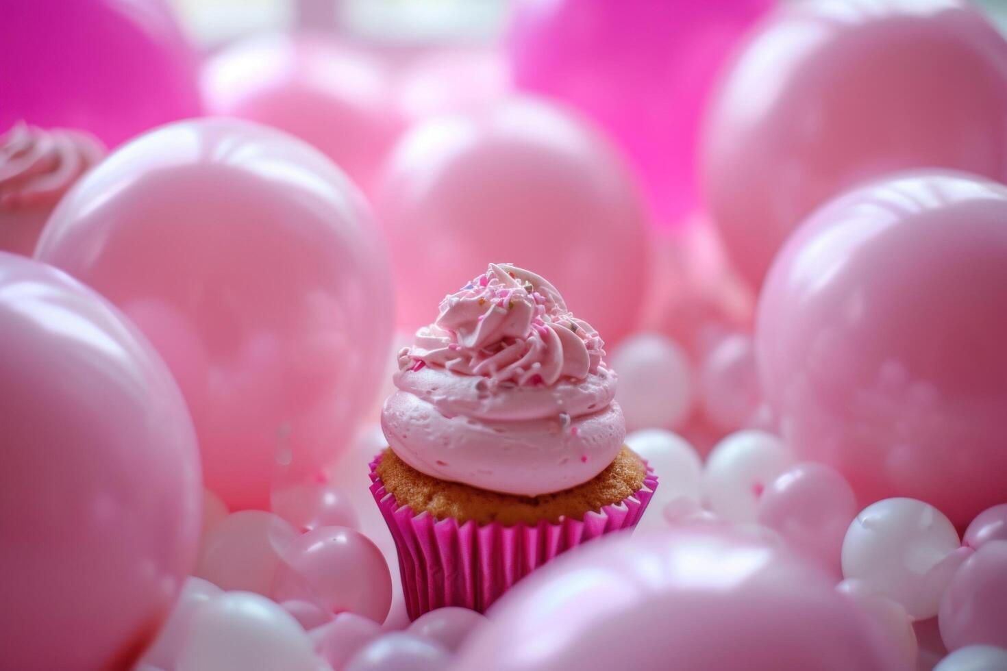AI generated pink balloons surrounded by pink cupcake photo