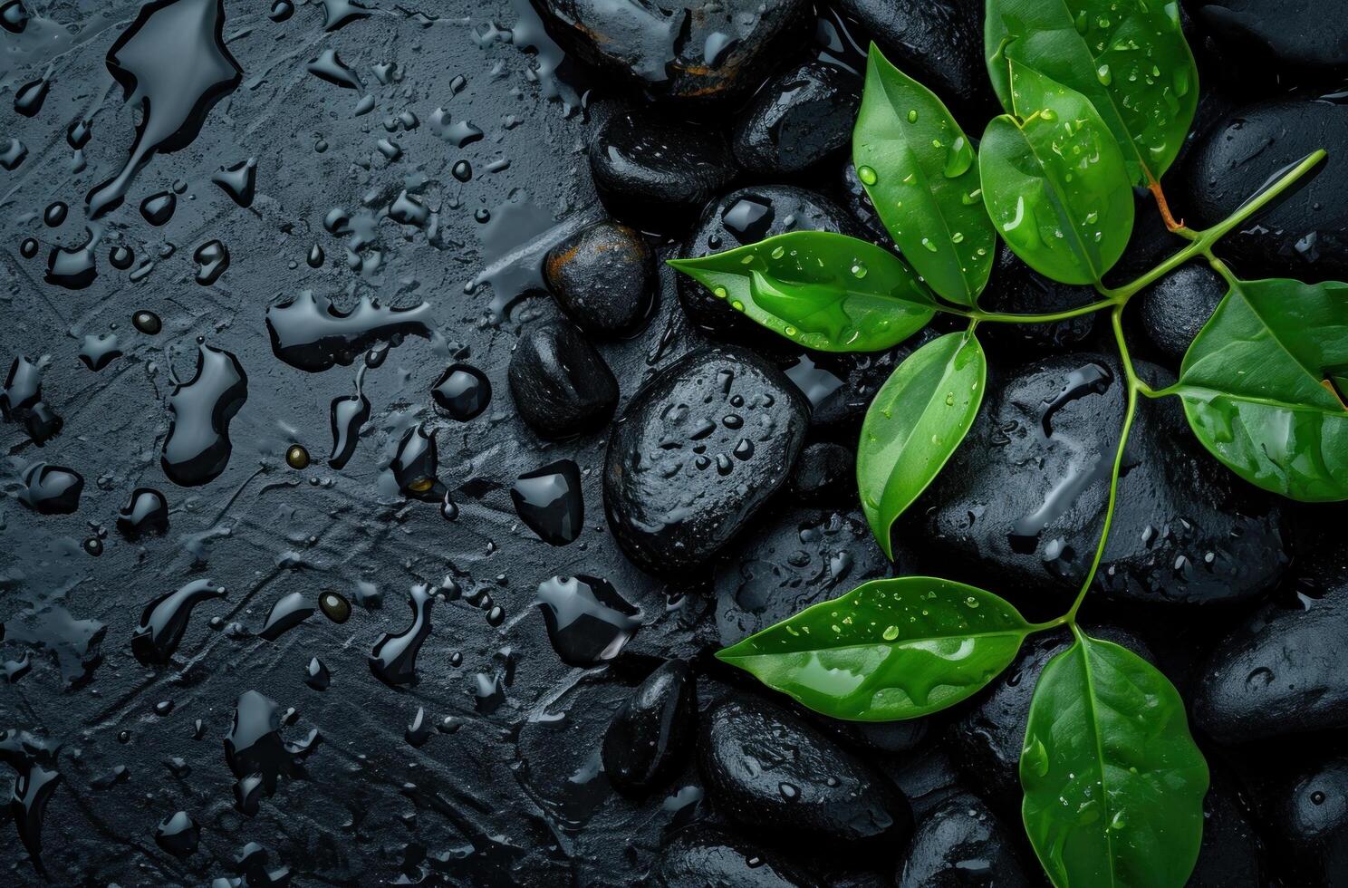 AI generated pebbles and spa leaves on black background of light rain photo