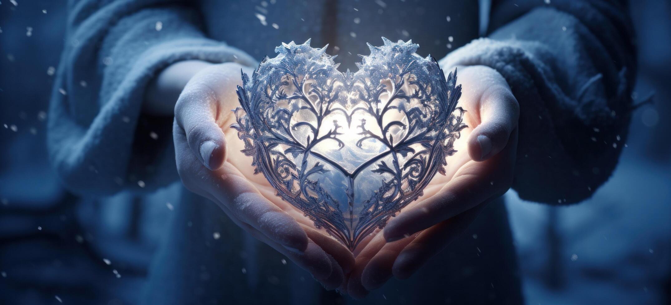 AI generated the hands of someone are holding up a heart full of snow photo