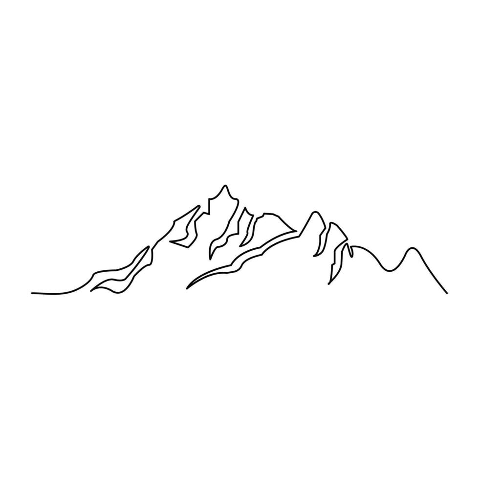 Continuous one line drawing of mountains range landscape vector outline art illustration.