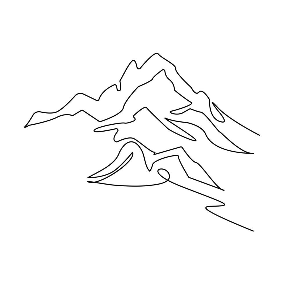 Continuous one line drawing of mountains range landscape vector outline art illustration.