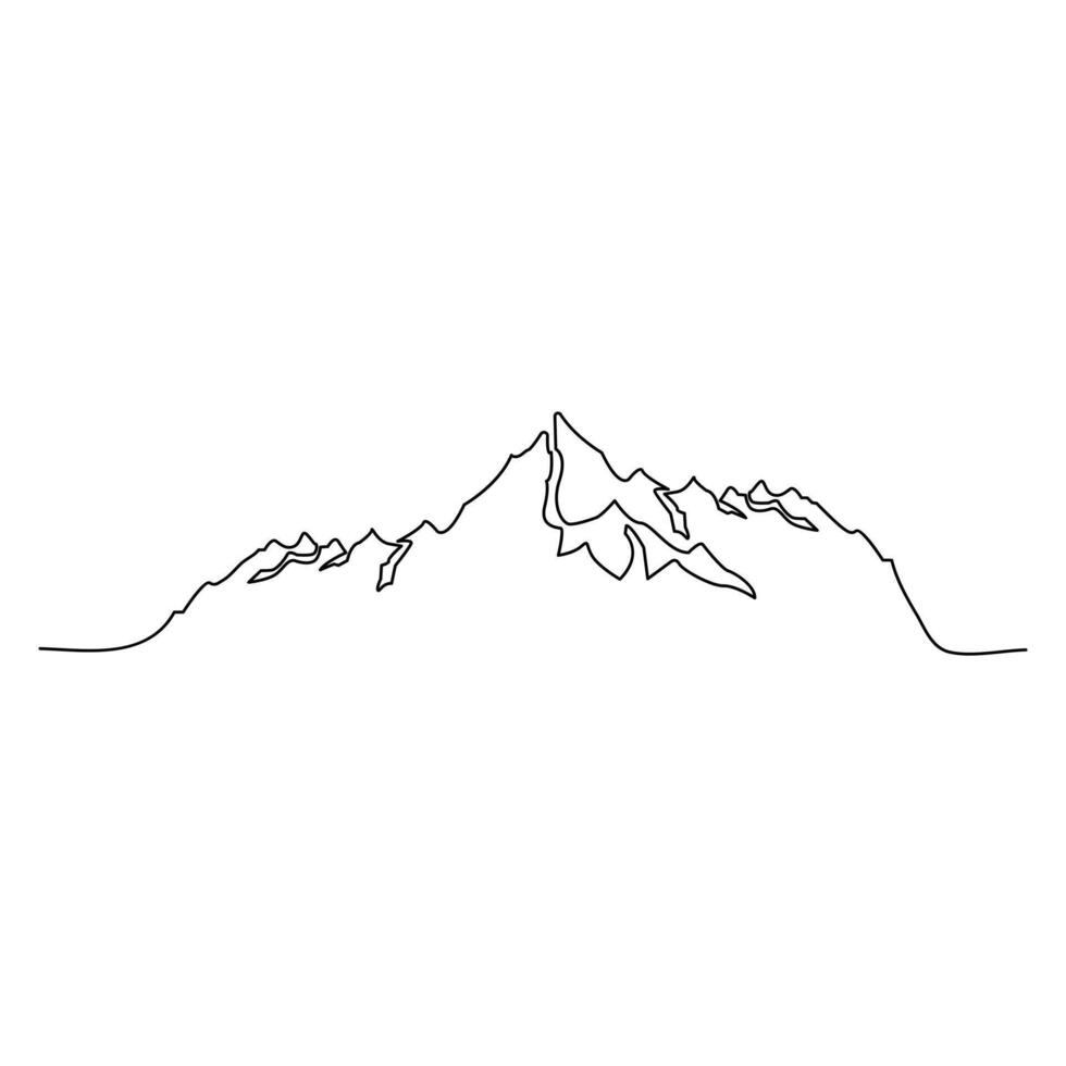 Continuous one line drawing of mountains range landscape vector outline art illustration.