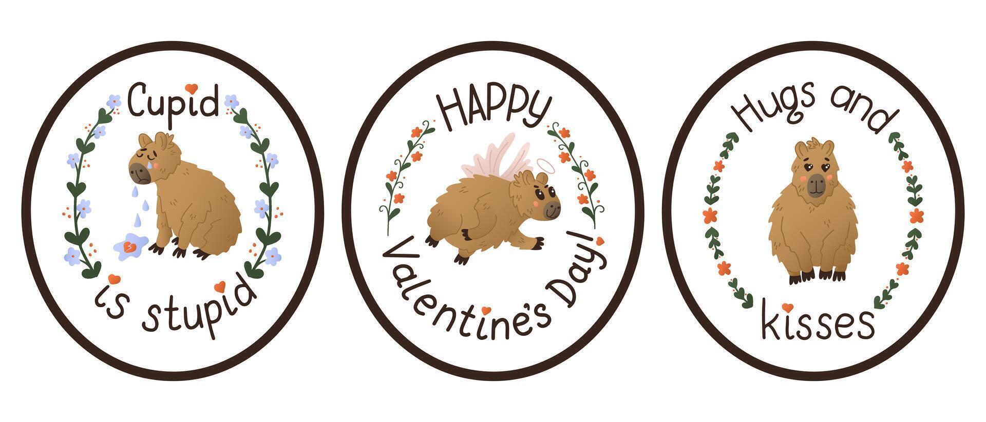 Set of flat capybaras stickers with hand lettering. St Valentines day typographic concept. Cute animal characters with floral frames. Isolated sticker with love lettering on white background vector