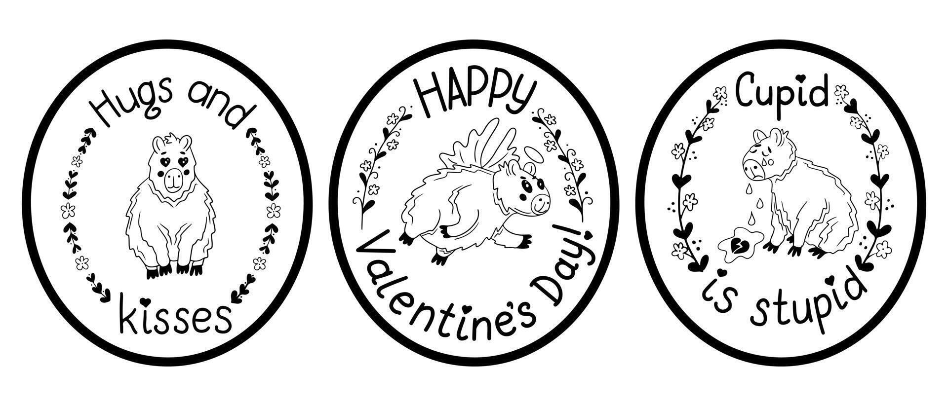 Set of doodle typographic stickers with capybara. Flat animal character in love and Valentines lettering with floral frames. Isolated compositions on white background. Good for stickers, printout vector