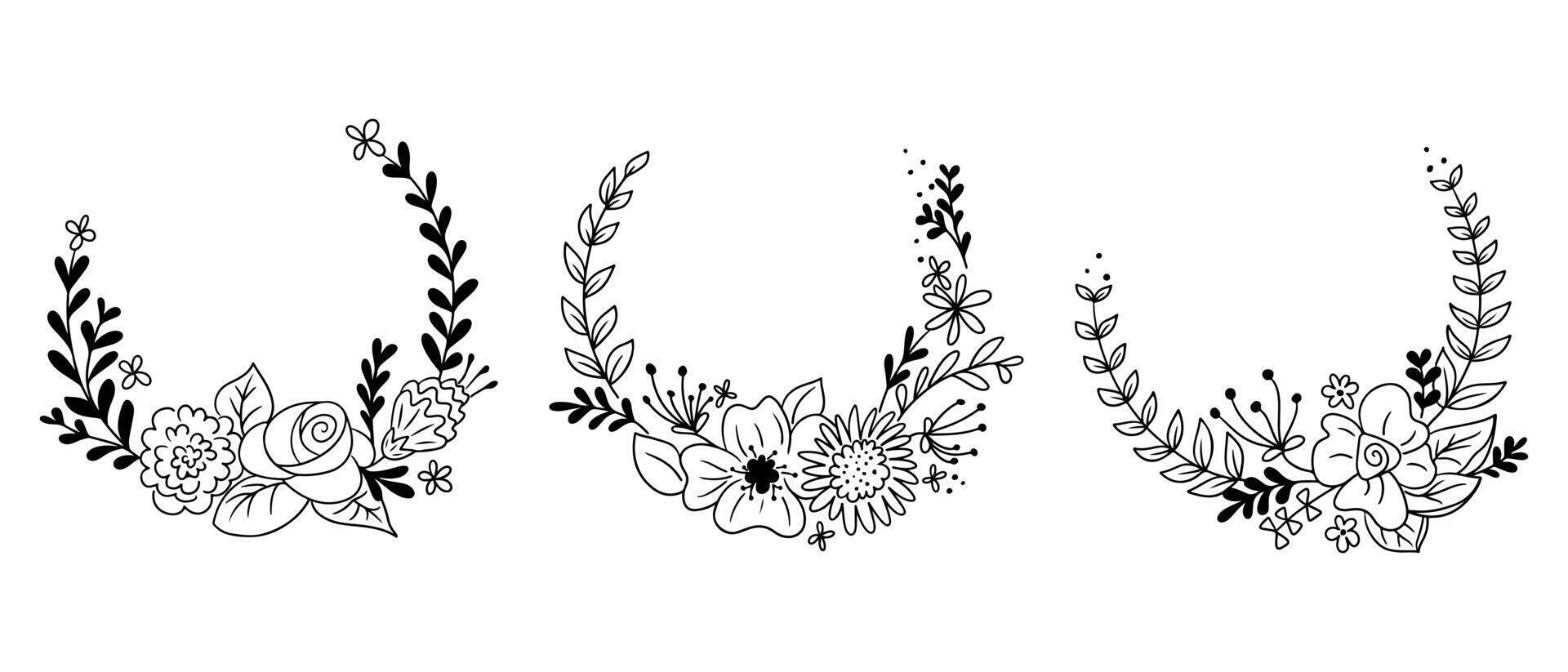 Doodle hand drawn flower garland frame templates. Vector contour sketchy round frames. Black outlines elements with flowers and leaves for wedding, anniversary card, invitation on white background