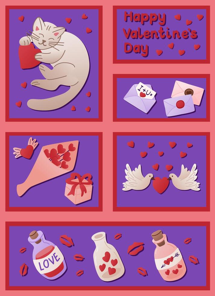 Vertical graphic poster with Valentines greeting. Items related to St Valentines day holiday. Trendy print design for printouts, textile, wallpaper, wrapping, pattern, banner, social media graphics vector