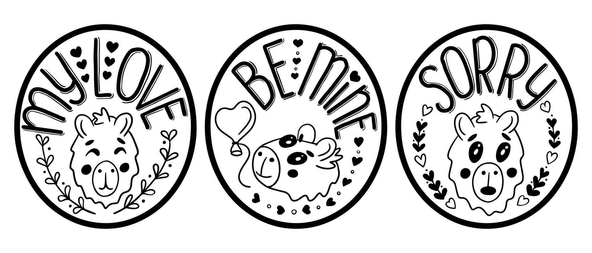 Set of black contour stickers with capybara head and lettering. St Valentines day concept. Cute flat animal character with floral frames. Isolated black stickers on white background vector