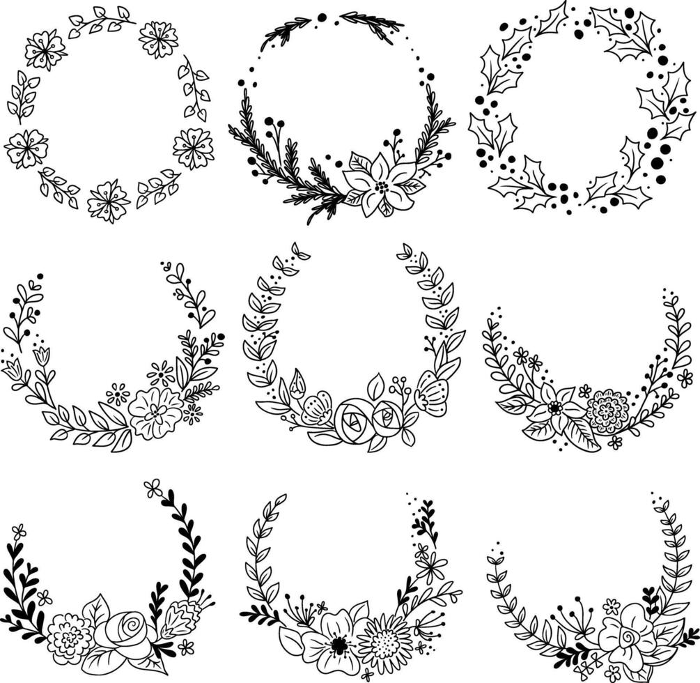 Contour hand drawn floral wreaths. Set of curve floral frames. Vector doodle templates. Black sketchy elements with flowers and leaves for for wedding, anniversary card, invitation on white background