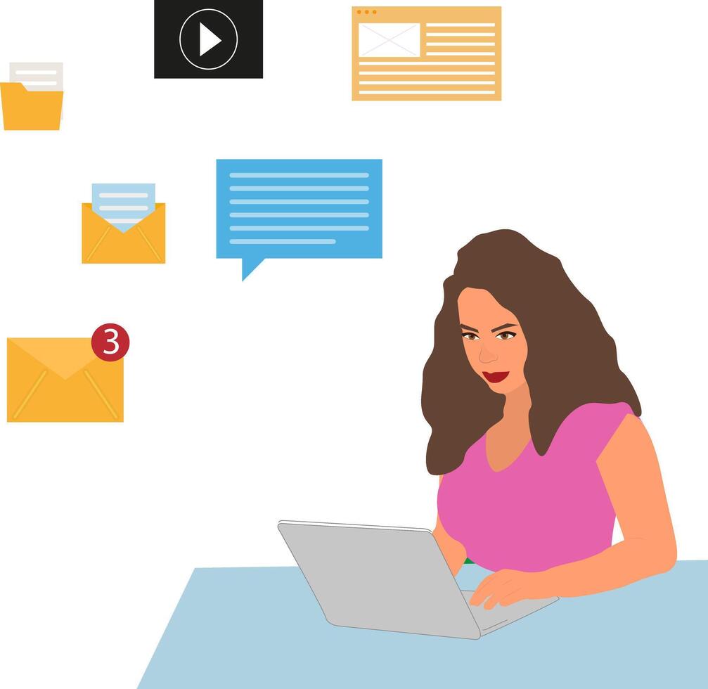 Business woman entrepreneur working with laptop at table. Girl at work. Software developer, programmer or system administrator with a PC. Correspondence and work with mail. vector