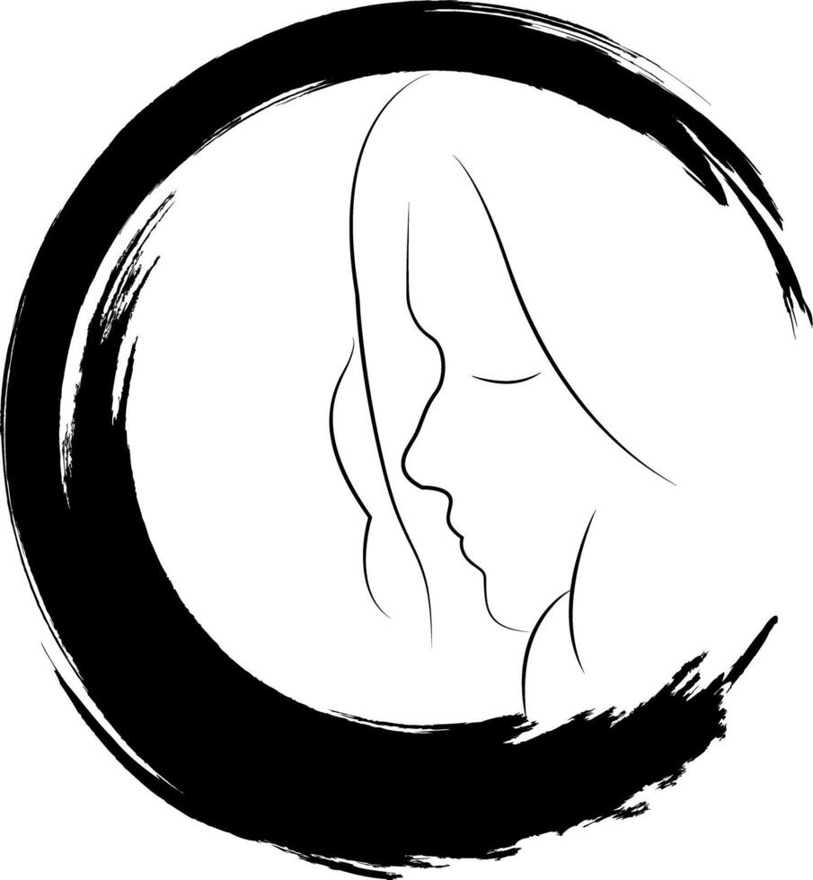 Grunge circle. Drawing of a portrait of a beautiful girl's face. Skin beauty care concept for young female models. Design of greeting cards, posters, patches, prints on clothes, emblems. Lines. vector