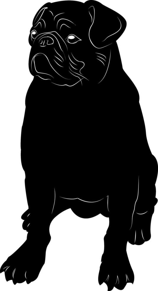 Pug. Silhouette dog drawn in pencil. Dog in a collar on a white background. Design of greeting cards, posters, patches, prints on clothes, emblems. Puppy. Pet. vector