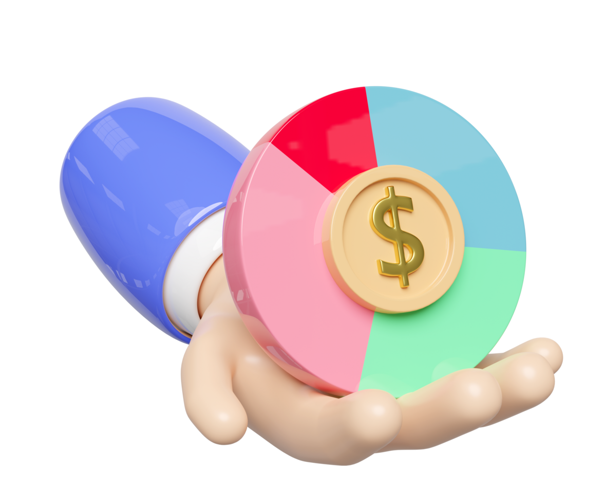 3d pie chart in hands with coin dollar, analysis business financial data. business strategy concept, 3d render illustration png