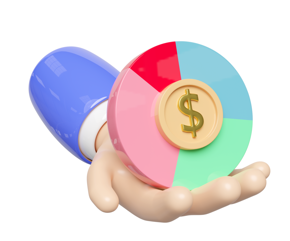 3d Kuchen Diagramm im Hände mit Münze Dollar, Analyse Geschäft finanziell Daten. Geschäft Strategie Konzept, 3d machen Illustration png