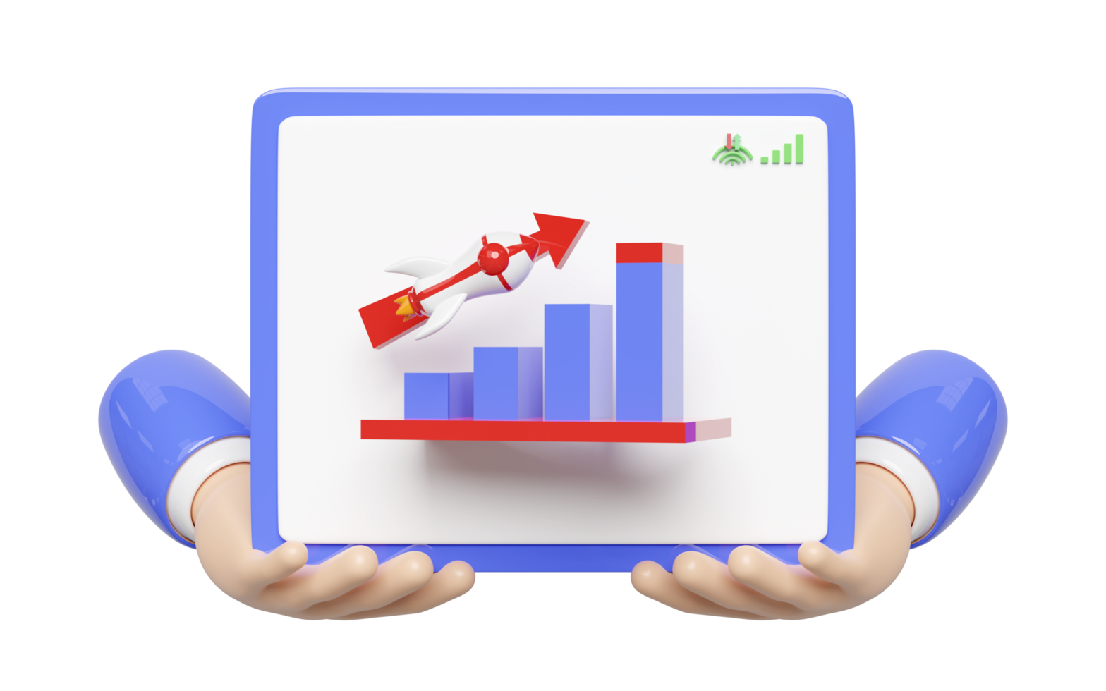 3d Diagramme Graph mit Hände, Tablette, Rakete, Pfeil, Analyse Geschäft finanziell Daten. Geschäft Strategie Konzept, 3d machen Illustration png