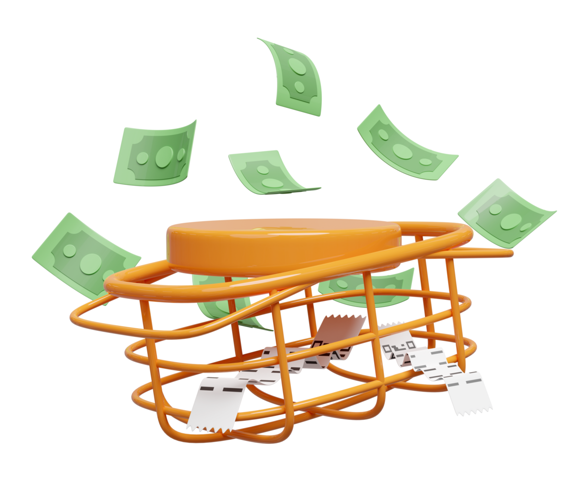 Orange podium empty with banknote, basket, invoice or paper check receipt isolated. economic movements or business finance concept, 3d illustration render png