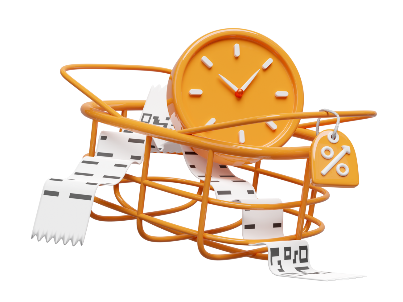 clock with price tag, basket, invoice or paper check receipt isolated. economic movements or business finance concept, 3d illustration render png