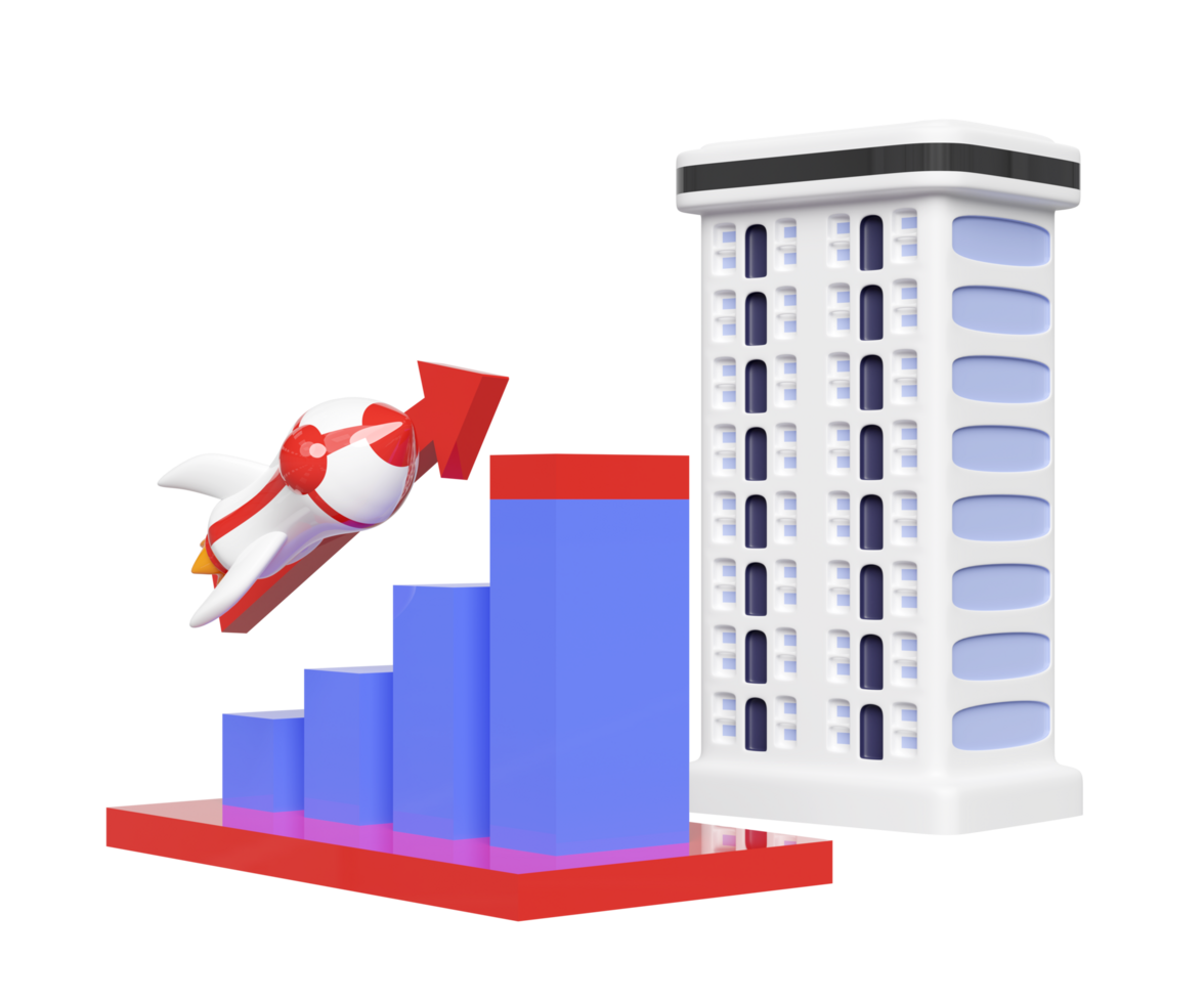 3d charts graph with rocket, arrow, condominium building, analysis business financial data. business strategy concept, 3d render illustration png
