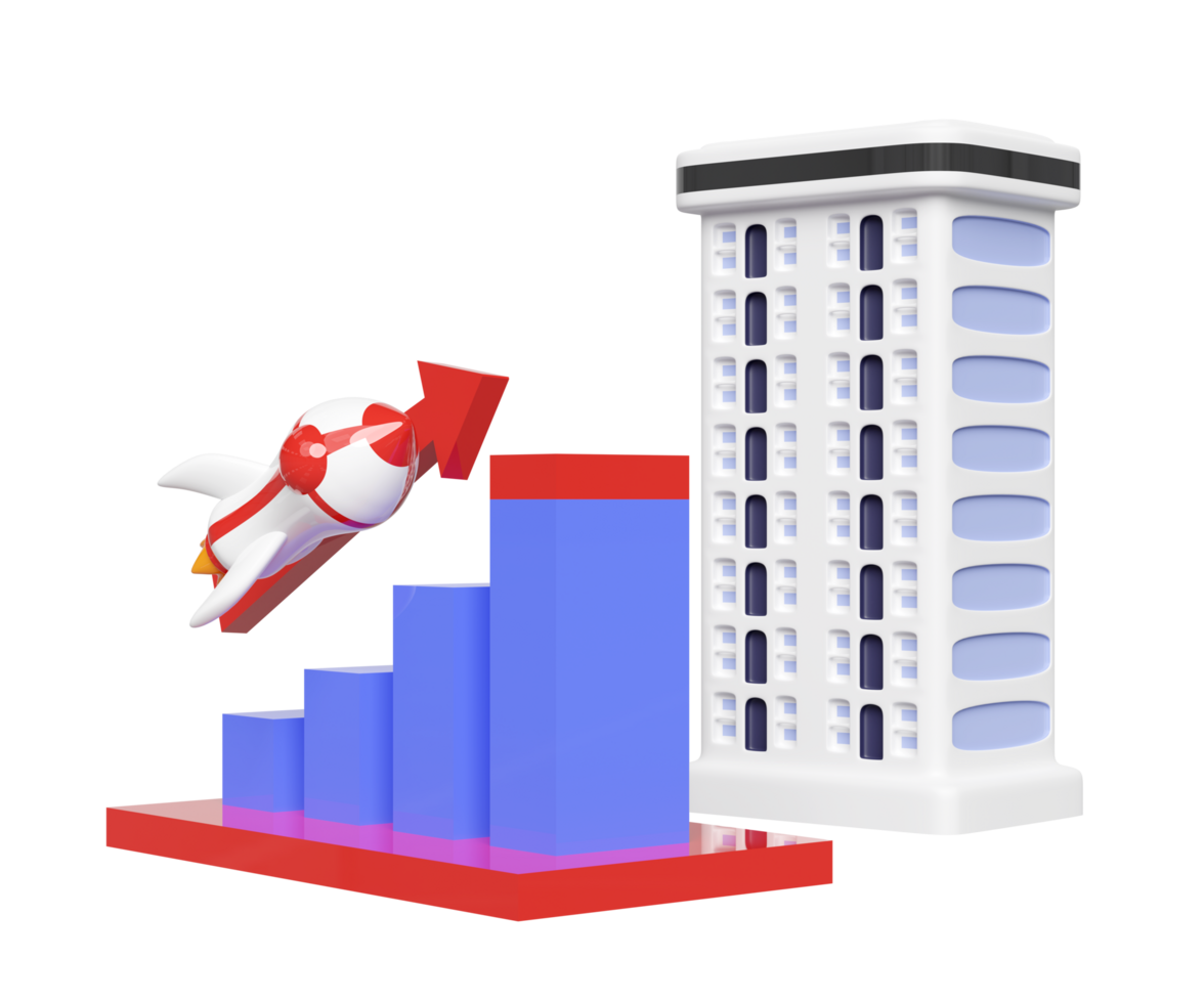 3d gráficos gráfico com foguete, seta, condomínio prédio, análise o negócio financeiro dados. o negócio estratégia conceito, 3d render ilustração png