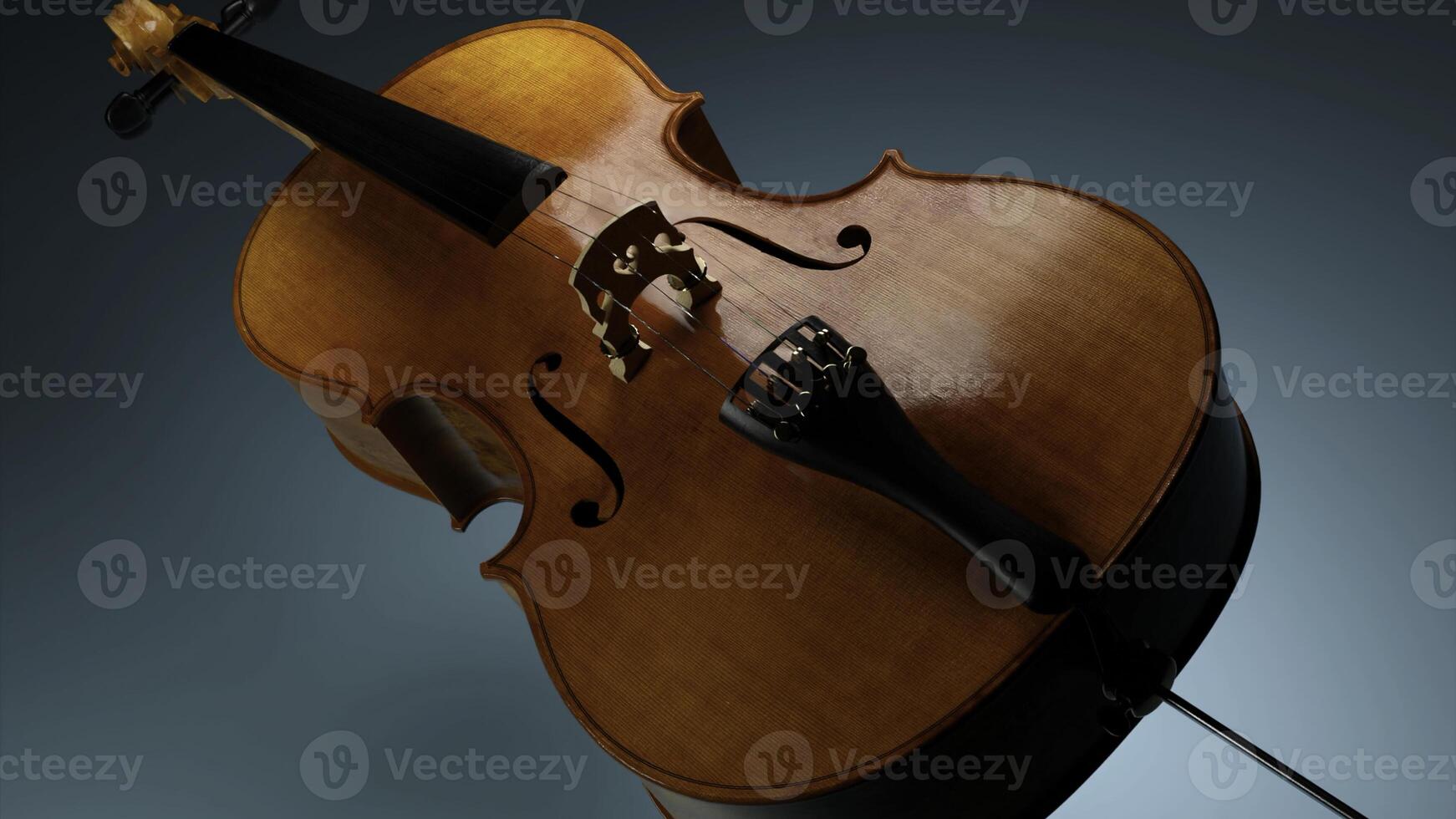 Digital art object, realistic violin rotating while moving isolated on a colorful background. Design. Concept of art and music. photo