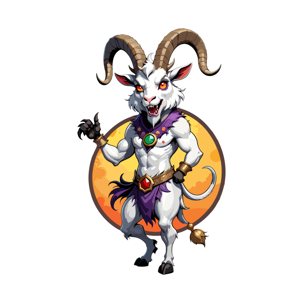 AI generated cartoon sticker of goat creature with big horns, cartoon game character png