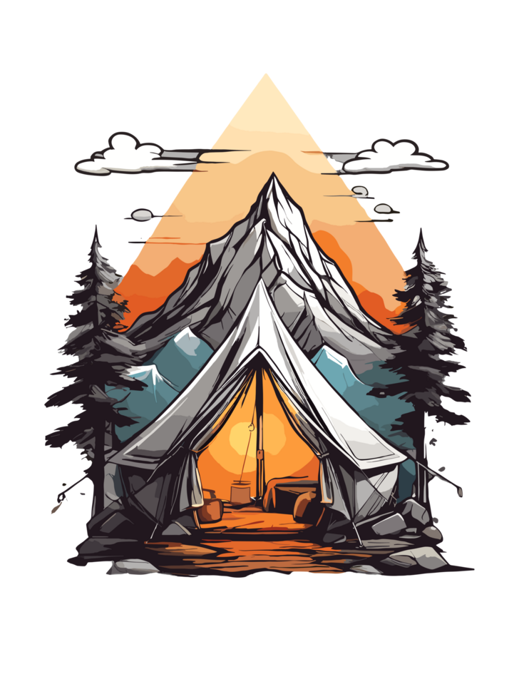 AI generated clip art illustration of camping in a mountain area, community logo sticker design png