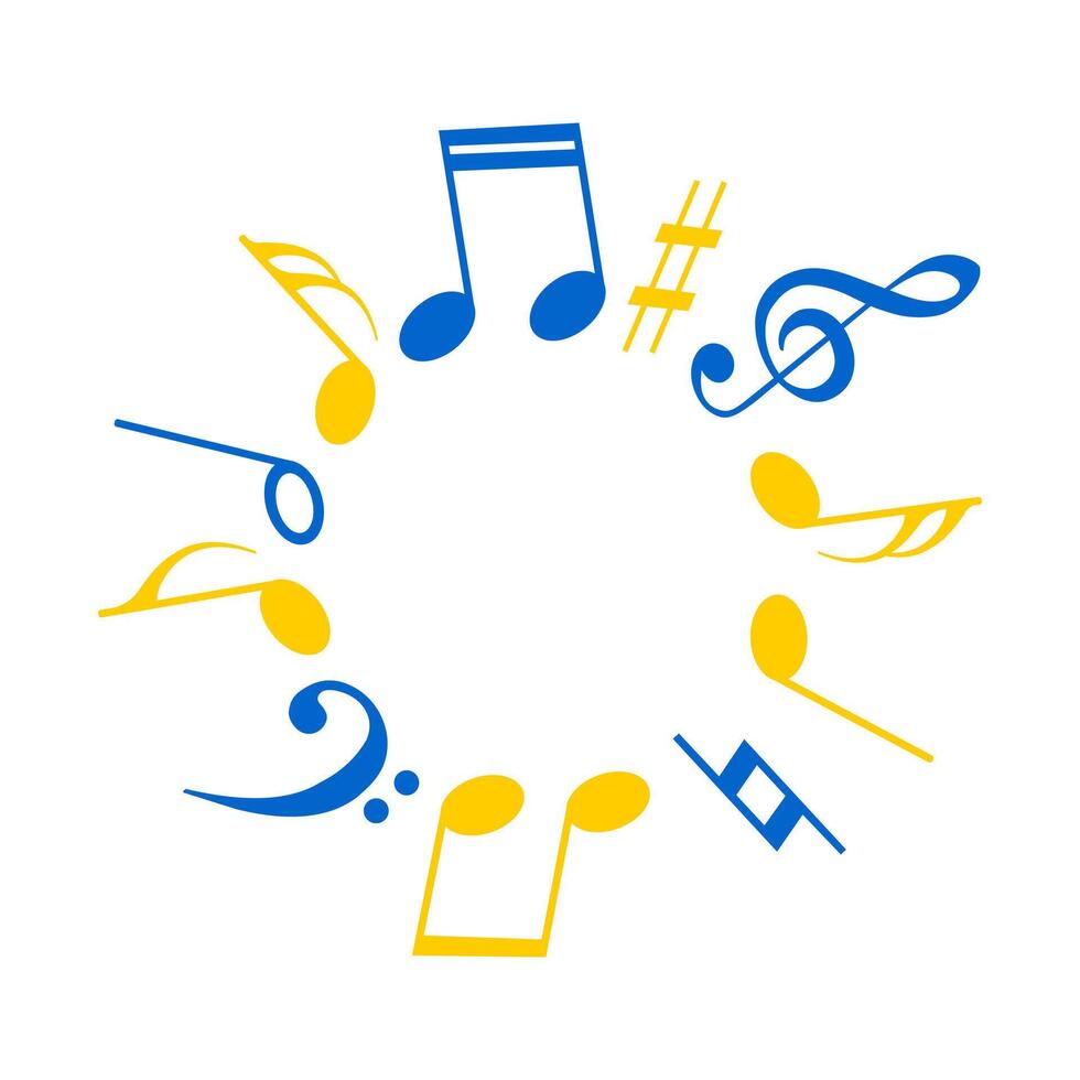 Musical notes blue and yellow arranged in a circle on a white background with space for text. Musical sound designation in the form of a postcard. Vector. vector