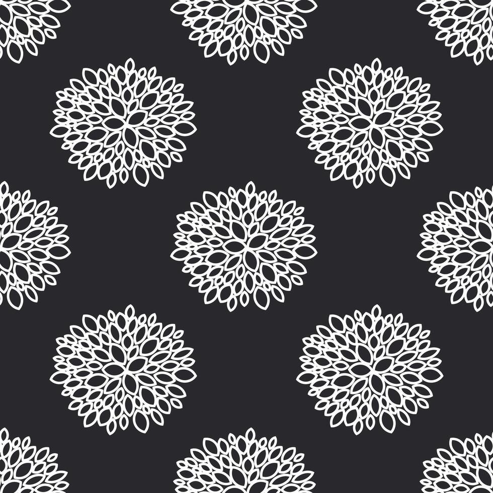 Abstract aster and chrysanthemum flowers are drawn with a white outline on a black background to form a seamless floral pattern. Vector. vector