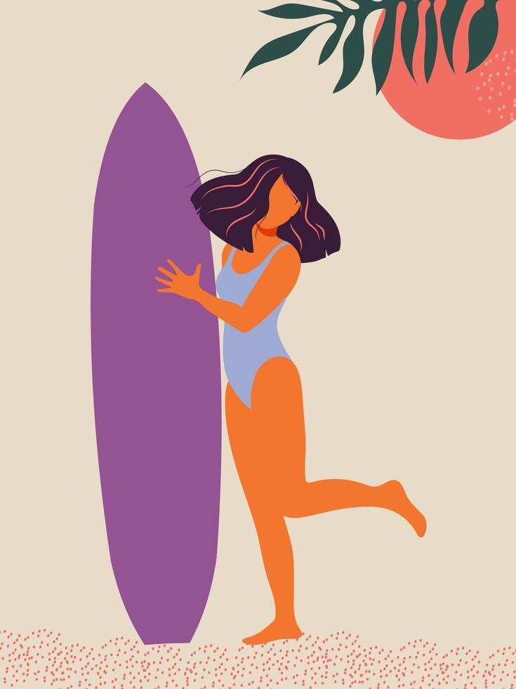 hermosa atlético niña con púrpura pelo y un tabla de surf en el playa debajo el Dom. moderno póster en plano diseño estilo en el tema de verano y vacaciones. vector. vector