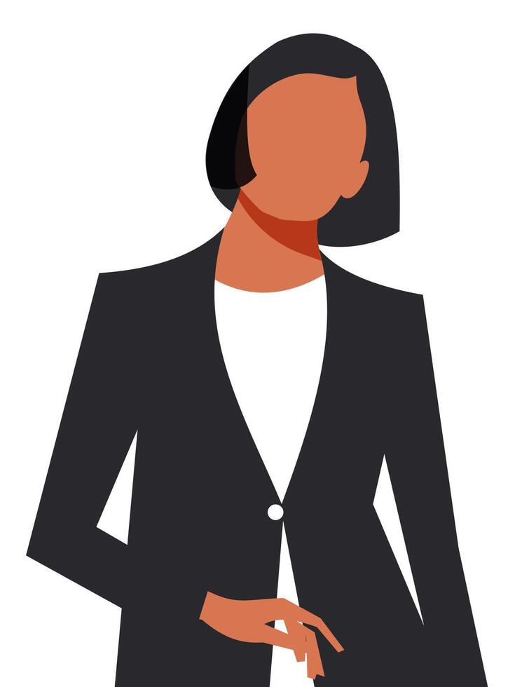 moderno joven mujer en un negro chaqueta y blanco blusa en un blanco antecedentes. elegante negocio mujer con negro Beto Corte de pelo. vector. vector