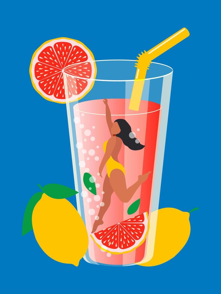 moderno diseño de limonada y un niña flotante en un piscina con un vertical azul antecedentes. verano y vacaciones concepto. Fruta agrios jugo en un vaso transparente vaso con un paja. vector. vector