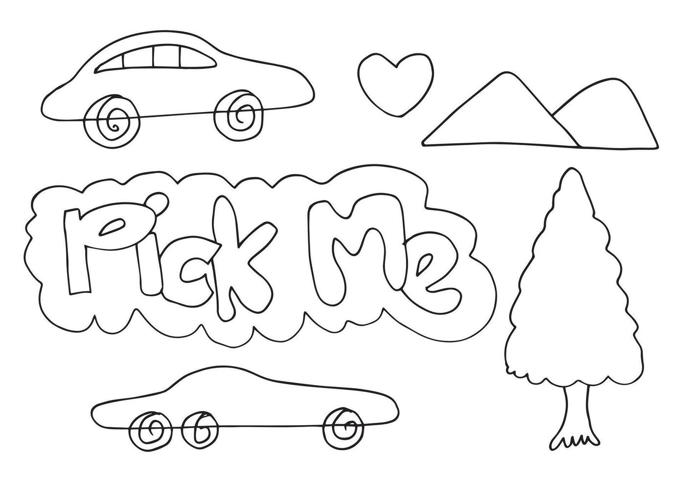 cute boys doodle drawing with car, truck, trees and pick me text. vector
