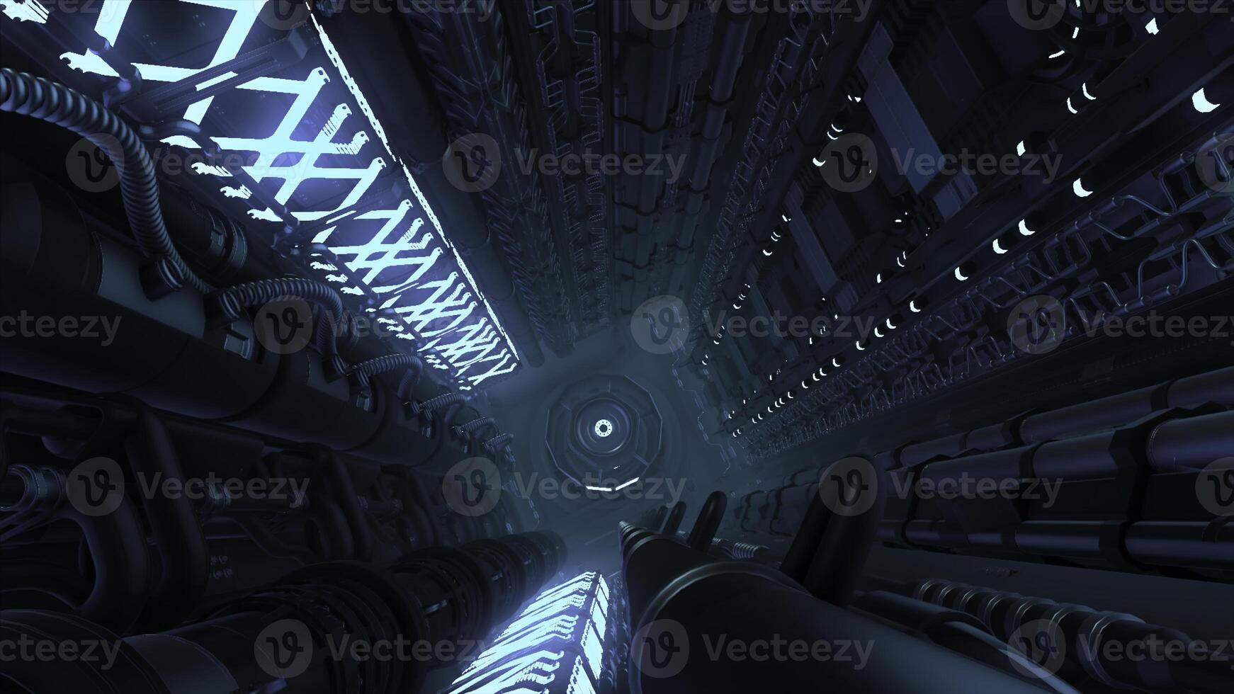 Corridor with pipes and lines in futuristic ship. Motion. Tunnel with neon lines and technological pipes. Futuristic spaceship technology photo