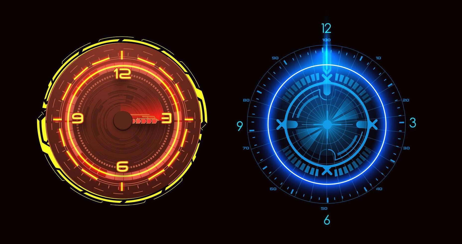 Two vibrant sci-fi clocks glow in red and blue hues, showcasing futuristic timekeeping. Used to indicate time and measure time. Vector illustration