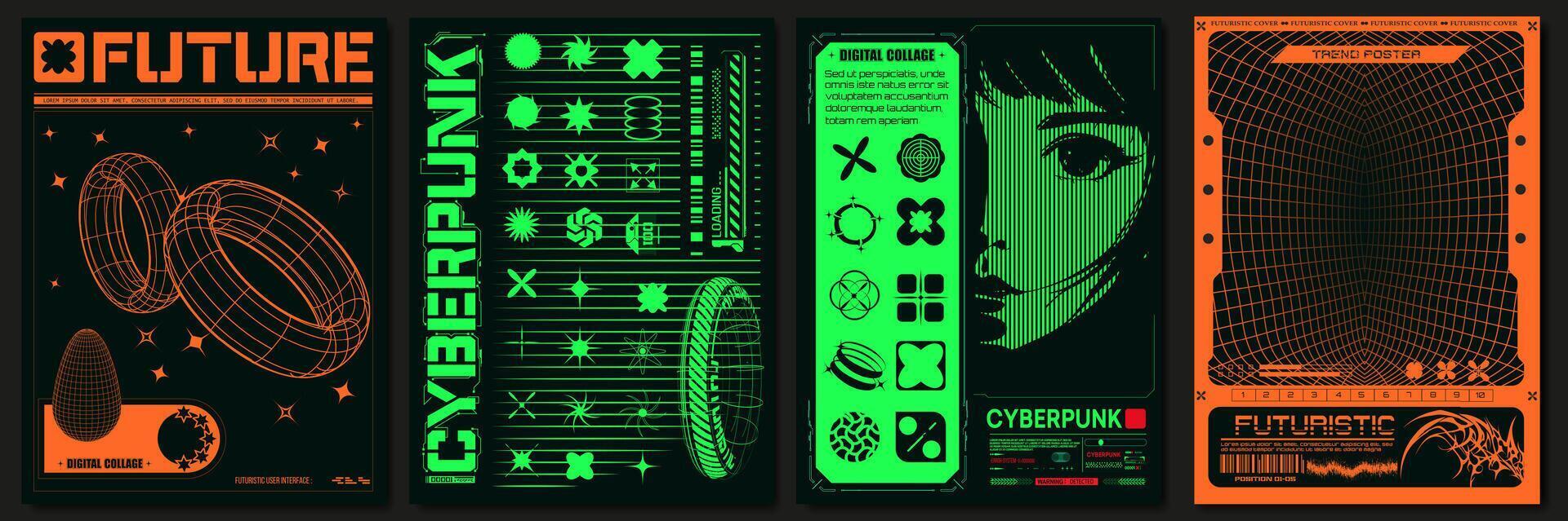 futurista y cyberpunk póster. retrofuturista carteles con linda anime chicas, de alta tecnología, y2k geométrico formas conjunto de cuatro estilizado carteles futurista y cyberpunk temas en vibrante naranja y verde. vector