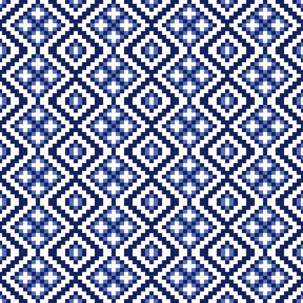 Geometric Blue Pixel Art Seamless Pattern on White Background. Vector design for wallpaper and background
